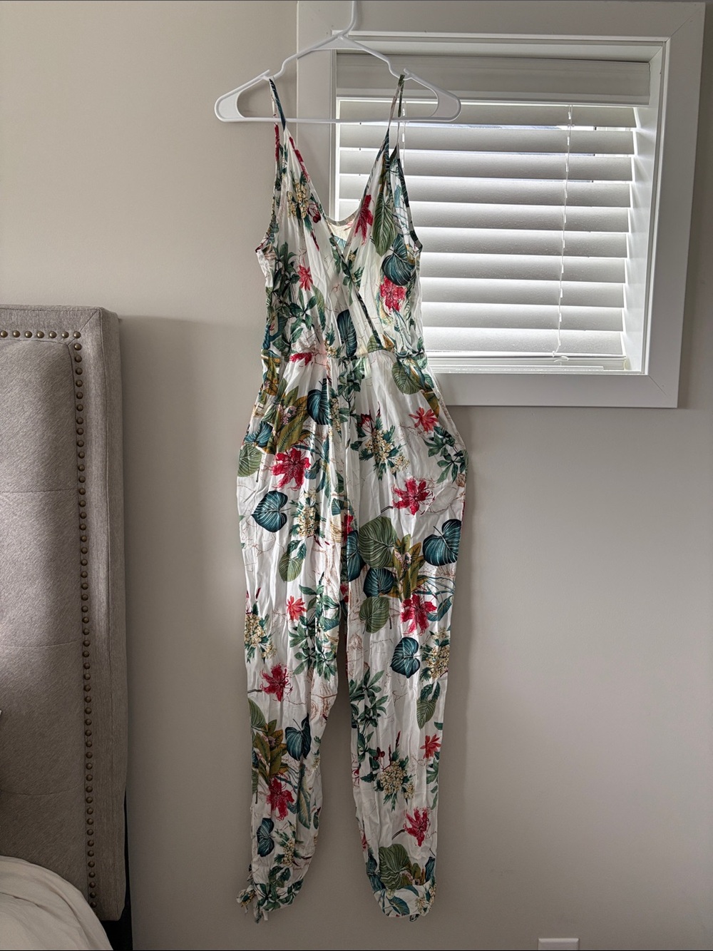 White Floral Spaghetti-Strap Jumpsuit with Tropical Print